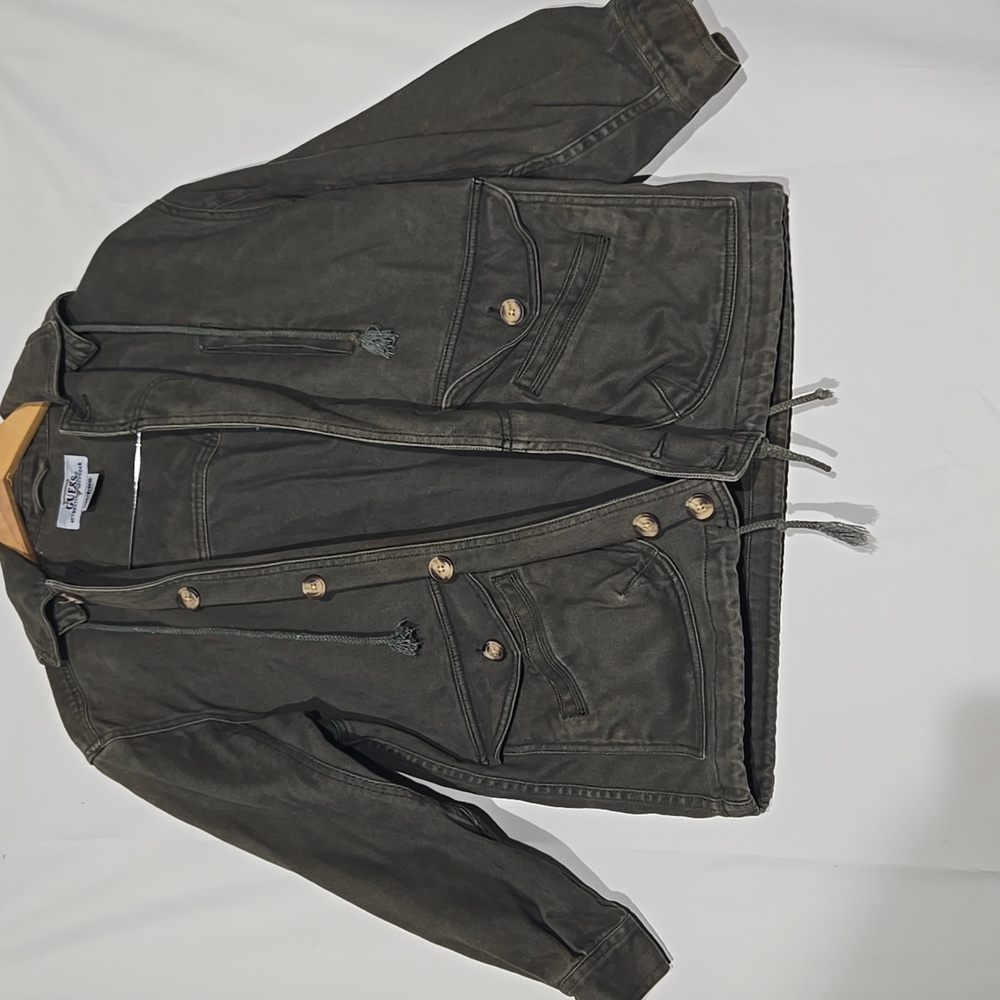 Distressed Hooded Workwear Trucker Jacket Mens Size Medium Green